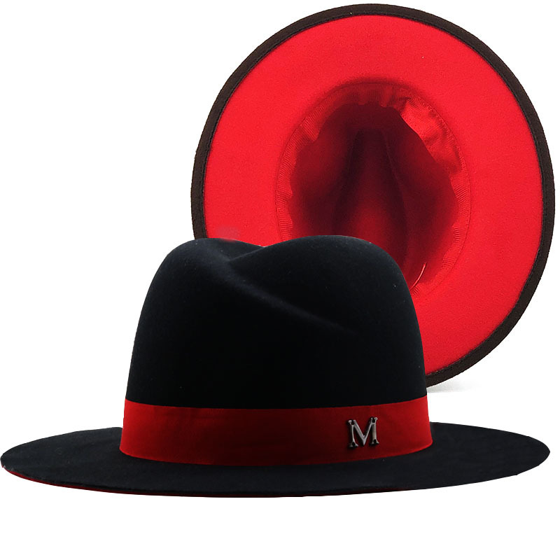 New Outer Black Inner red Wool - Fedora Hat Wool 评论和价格
