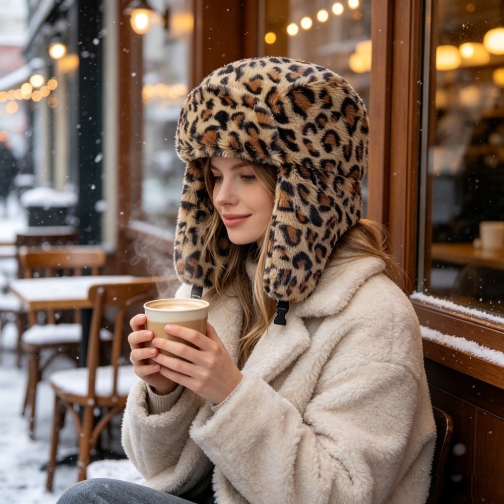 Warm Leopard Print Trapper Hat - Trapper Hat Ear Flap 评论和价格