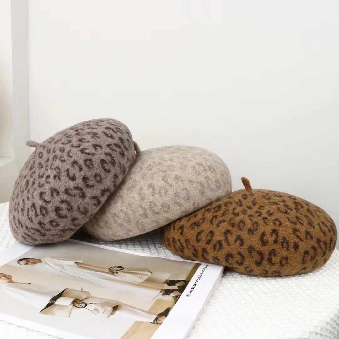 New Leopard Print Autumn Winte - Beret French Wool 评论和价格
