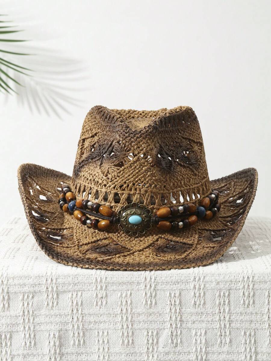 1Pcs Unisex Bead Decor Dyeing  - Cowboy Hat Straw 评论和价格
