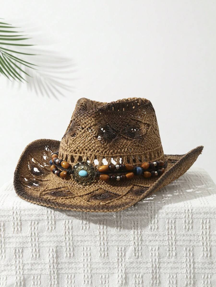 1Pcs Unisex Bead Decor Dyeing  - Cowboy Hat Straw 评论和价格
